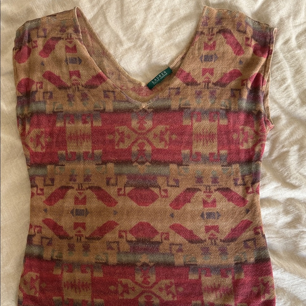 Lauren Ralph Lauren Red and Tan Aztec Patterned Short Sleeve Linen Top
